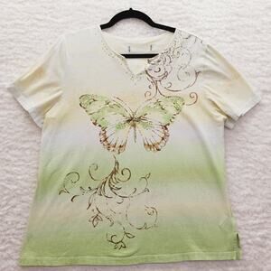 T-Shirt Women Green Yellow Ombre Butterfly Rhinestone Vacation Brazilcore Sz L?